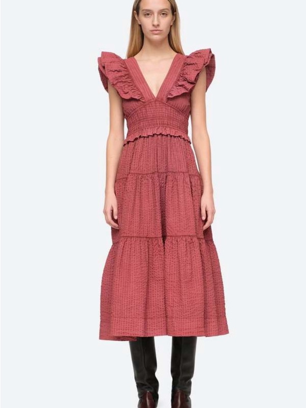 Sea New York Sevyn Dress Rose Seersucker Smocked Flutter Sleeve Midi Size 14